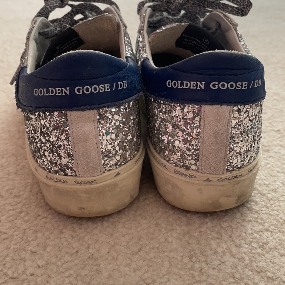 Golden Goose Silver Glitter Sneakers with Navy Heel - Picture 2 of 4
